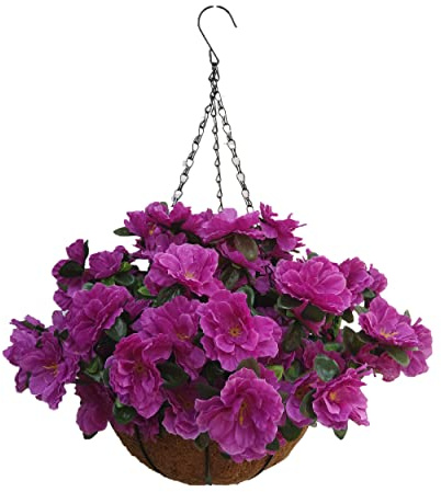 Mynse Flo Artificial Flower Hanging Basket for Home Market Outdoor Decoration Hanging Silk Flowers Basket with Artificial Azalea Flowers Purple (Big Basket and Artificial Flowers) Flo