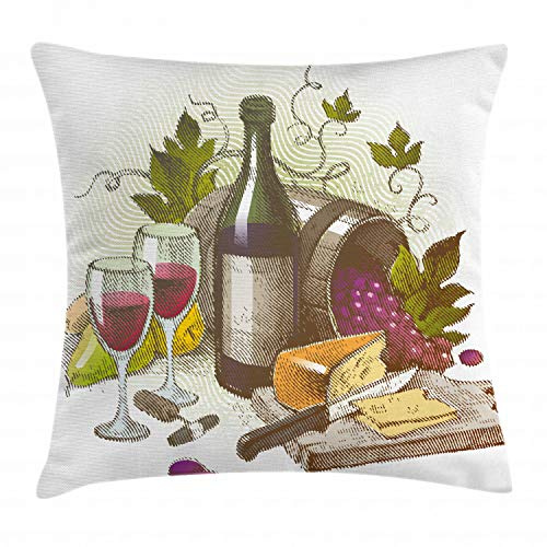ABAKUHAUS Vino Funda para Almohadón, El Vino y Queso de la Vendimia, Decorativo, Estampado en Ambos Lados, 45 x 45 cm, Verde Púrpura