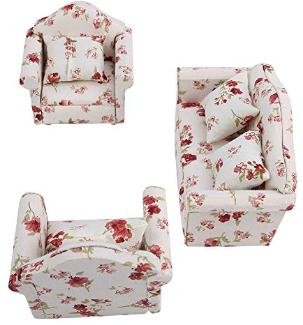 Puppenhaus Sofa, 1/12 Skala Blumenmuster Sofa Set mit Rückenkissen, Mini Möbel für Puppenhaus, hochwertig und detailliert, für Sammler und Hobbyisten