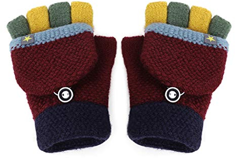 Kinder Halbfinger Handschuhe mit Flip Top Fausthandschuhe Strickhandschuhe Fünf Finger Fäustlinge Winterhandschuhe Gestrickte Fahrradhandschuhe, 3-10 Jahre alt (Rot-E, One Size)