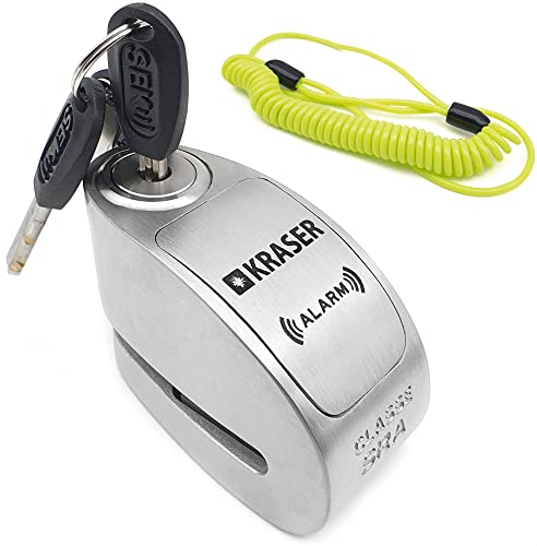KRASER KR10S Blocaddisco Moto con Allarme 120dB, Doppia Chiusura ø10mm, Omologato Sra, Serratura Alta Sicurezza Antistrappo, Impermeabile, Filo Promemoria, Lucchetto Antifurto per Moto Blocca Disco