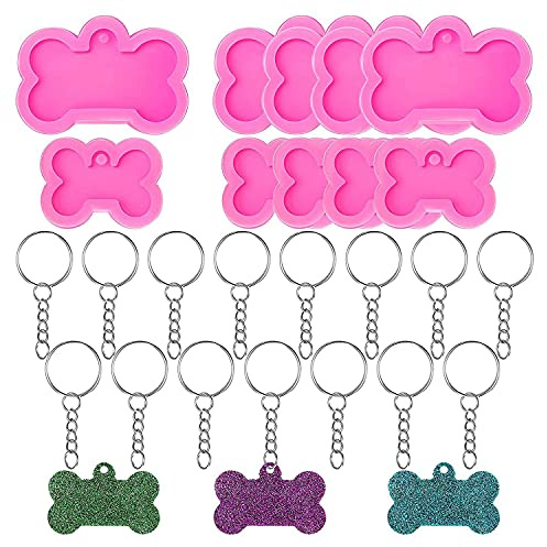 YUPVM Hunde Knochen Harz Silikon Formen, 10 StüCk DIY Niedliche Hunde Marke Epoxid Harz Form mit 20 StüCk SchlüSsel AnhäNger für DIY Bastel Arbeiten