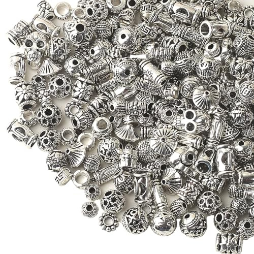HERZWILD Zwischenperlen 200g Metallperlen für Armbänder silber Tibetischen Spacer Perlen zum Basteln Bastelperlen Set mit Loch zum Auffädeln Schmuckzubehör (silber-B)