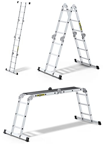 DRABEST - PRO 4in1 Aluminiumleiter - Stehleiter, Schiebeleiter, Baugerüst mit Plattform - 3,45 m lang - Arbeitshöhe 4,34 m 4x3 Sprossen - bis 150 kg belastbar - Mehrzweckleiter - Verstellbar 15,1kg