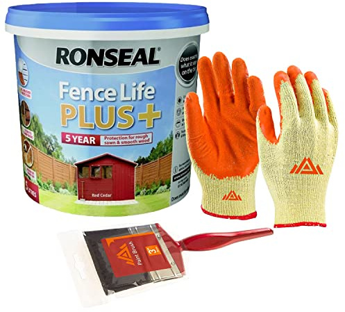 PERFECTONISH Fence Life Plus+ UV Protection For Outdoor Garden Shed Wood Paint 5L With Free 3” Paint Brush and Protective Gloves (Red Cedar)