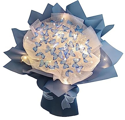 F Fityle Künstlicher Blumenstrauß, Kreativer Schmetterlingsstrauß Material Set, DIY Blumen Unvollendete Material Kits, Simulation Blumensträuße Handgemacht für Geschenk, Blau 52 Schmetterling