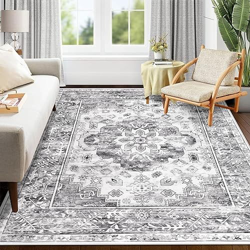 Enyhom Teppich Wohnzimmer 120 x 180 cm Schlafzimmer Teppich, Großer Waschbarer Kurzflorteppich Vintage Bohemian rutschfest Teppiche Flauschig für Esszimmer Büro Küchen, Grau