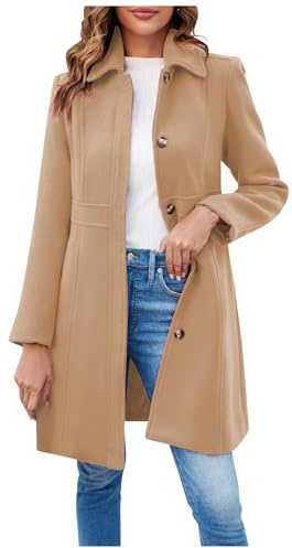 Vasreyy Damen Mantel Elegant Damen Mantel Dirndl Jacke Damen Frauen Einfarbig Revers Dicke Mantel Mit KnöPfe Herbst Winter Warme Langarm Slim Fit Wolljacke Mit Tasche Regatta Damen Jacke (Camel, M)