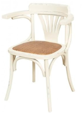 Biscottini Stuhl mit Armlehnen, 77 x 45 x 42 cm, Küchenstühle aus Eschenholz, Esszimmerstühle aus weißem Holz, Sitzfläche aus Rattan
