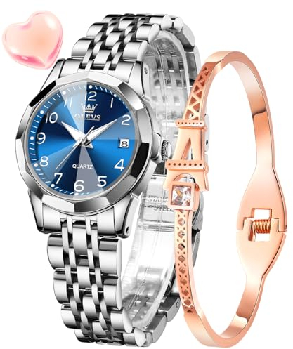 OLEVS Damenuhren Silber Leicht Ablesbare Ziffern Diamant Uhren Damen Japan Analog Quartz Wasserdicht Leuchtend Datum Armbanduhr Geschenk Set