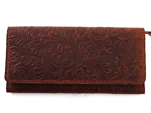 sayy Handgefertigtes Geldbörse Damen Mittelgroß Leder mit Handyfach, Groß Portemonnaie Reißverschluss mit Münzfach, Lange Slim Wallet for Women Geldbeutel Kartenhalter Portmonee Blumen (Dunkelbraun)