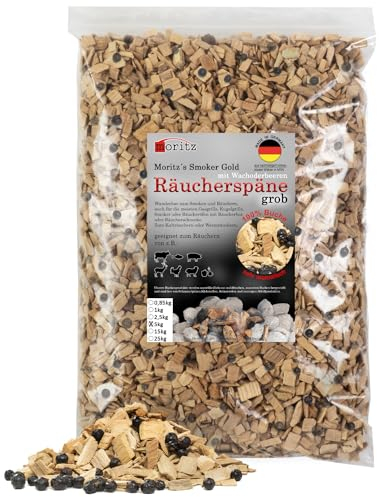 Moritz 5 kg di trucioli di faggio con ginepro grosso 6 – 12 mm, affumicatura a freddo di pesce, carne, salsiccia, formaggio, verdure, anche per barbecue, barbecue – farina affumicata