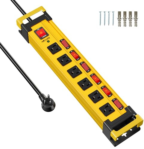 6 Outlet Heavy Duty 2700J Power Strip Surge Protector with Individual Switches Metal Mountable Power Strip with Flat Plug and Cord Manager, 6FT Long Extension Cord for Workshop, Workbench and Garage