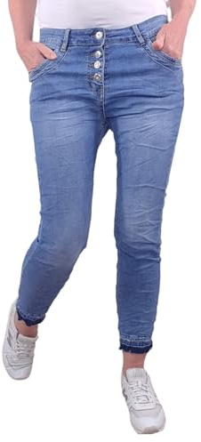 Karostar Dam stretch jeans | boyfriend byxor med knapplist | Basic 5 fickor denim byxor, Frayed bottom, L