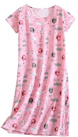 Dreamskull Chemise de nuit longue pour femme à manches courtes et amples pour Noël - Chemise de nuit pour la maison - Robe t-shirt pour le printemps et l'été, Pink Cat Nlsl, XL