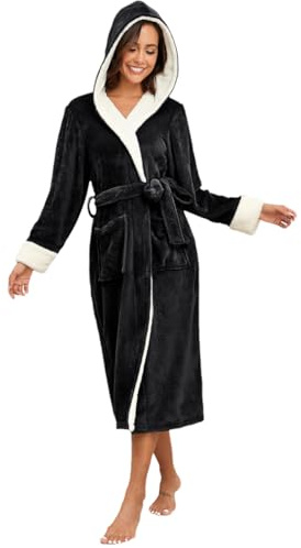 RONGTAI Peignoir à capuche en polaire douce pour femme, robe de nuit épaisse et longue avec deux poches latérales et ceinture, noir, XX-Large