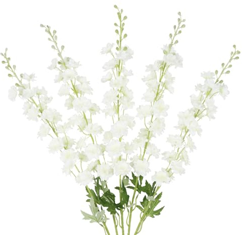 INSUNSIX Ivory Flowers 33.86 Delphinium Artificial Flwoers Cream White Fake Flowers 5PCS Long Stem Snapdragon Flowers for Tall Vase for Wedding Centerpieces Home Party Decor (Cream White)