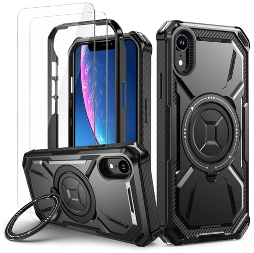 Lanhiem für iPhone XR Hülle, 360° Ring Ständer, Stoßfest Armor, Schwarz | mit 2 Stück Schutzfolie, Robust Bumper Schutzhülle, Militärischer Panzerhülle, Kratzfest Handyhülle für iPhone XR Case