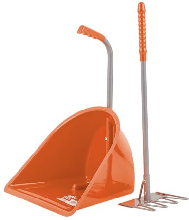 Teenie Tidee with Short Traditional Rake Orange Horse Manure Shovel Scoop Multi Purpose Small Lightweight Suitable for Children Dustpan Set for Paddock Stable Horsebox Equestrian or Garden Waste