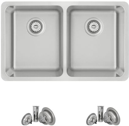 Stylish 29 x 18 Inch Drop in or Undermount Kitchen Sink 8 Inches Deep and 30mm Radius Corners 18G Stainless Steel Double Bowl Kitchen Sinks with Standard Strainers, S-414T