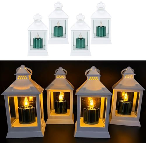 4er Set Laternen mit LED Kerzen und 6-Stunden Timer - Outdoor, für draußen geeignet - Deko Stimmungslicht (Weiß/Salbei)