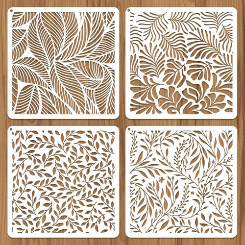 JSRQT 4 Pezzi Stencil per Decorazioni di Foglie, Modello di Texture di Foglie e Steli per Pittura, Set di Stencil in Plastica Riutilizzabili per Artigianato Tela Legno Vetro Scrapbooking, 20×20 CM
