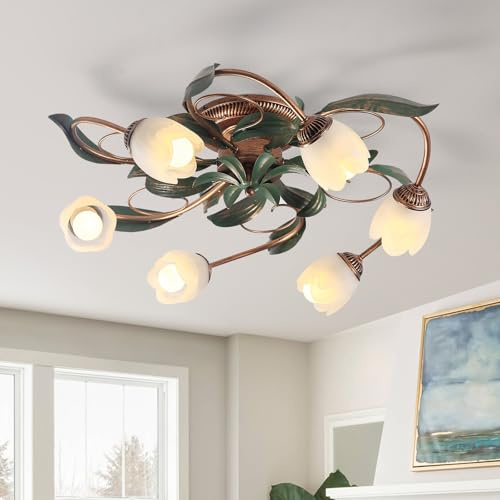 meibeileil Blumen Deckenleuchte Landhaus,Vintage Deckenlampe Schlafzimmer mit Rose Glas lampenschirm Pendelleuchte,Kronleuchter Bronze Base mit Grün Blätter,Chandelier für Wohnzimmer,Esszimmer,6Kopf.