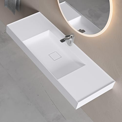 doporro Lavabo Bagno Sospeso 120 cm Rettangolare in Resina Bianco Opaco con Vasca Integrata Centrale e Piletta Inclusa – Colossum630