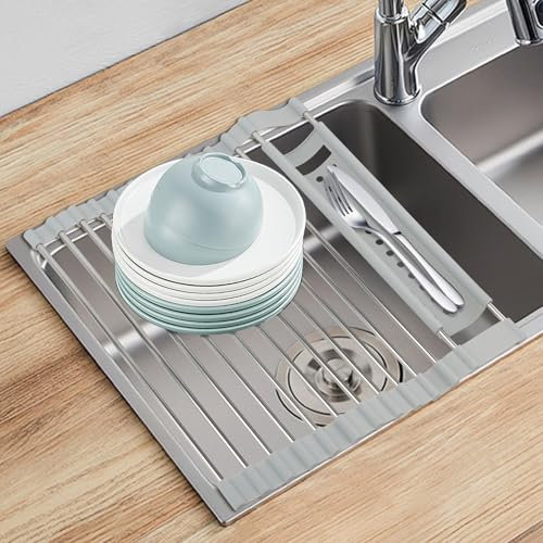 VFANDV Escurreplatos sobre Fregadero Plegable y Extraíble, Escurridor Fregadero de Acero Inoxidable y Silicona, Escurreplatos Plegable para Frutas, Verduras, Tazas y Platos, Organizador Cocina (Gris)