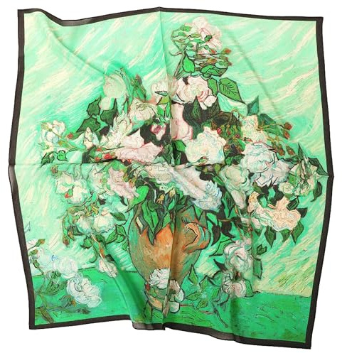 Prettystern 65cm Damen mittelgroße 100% Seide Halstuch Sommer Frühling Seidentuch van Gogh grün Weiße Rosen KS09