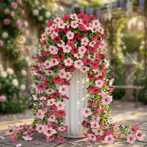2Pcs Artificial Hanging Flowers, Fake Artificial Plants Imitation Flowers for Hanging Baskets, Summer UV-Resistant Trailing Hanging plants for Home Garden Patio Wedding Party Outdoor Indoor.(Red Pink)
