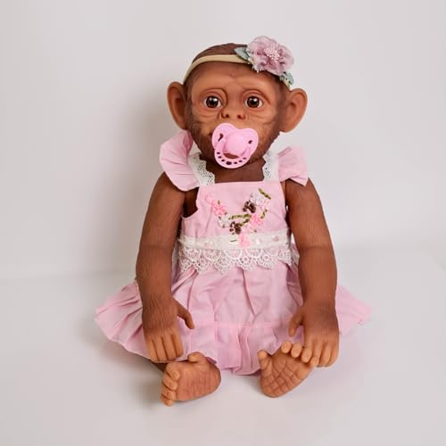 MineeQu Muñecas Reborn Bebe Singe Realista 20 Pulgadas, Cuerpo Completo Vinilo, Niña Singe Neonato, Vestido Encaje Rosa y Faja Floral