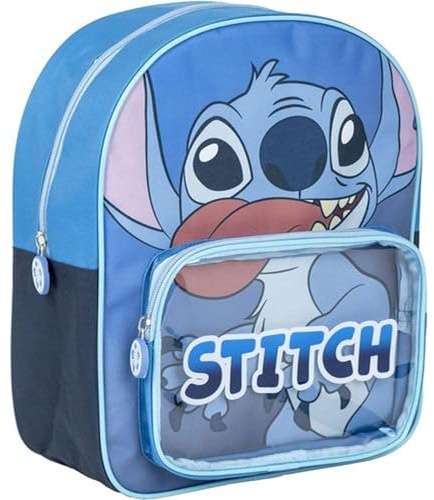 Mochila Infantil Stitch Disney Original Azul con Bolsillo Transparente y Diseño Divertido | Mochila Stitch Escolar Grande Preescolar Niñas y Niños Resistente