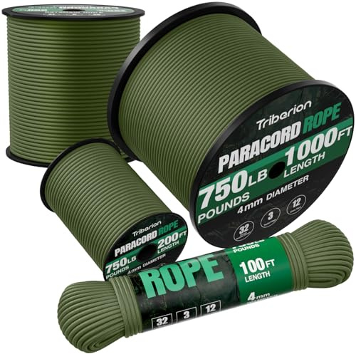 TRIBERION Paracord Rope 750 lb - 1000ft / 500ft / 200ft / 100ft 5/32 Parachute Cord 4MM 12-Strand para Cord - Heavy Duty Spool String for Survival,Camping Gear, Survival Bracelet, Clothesline