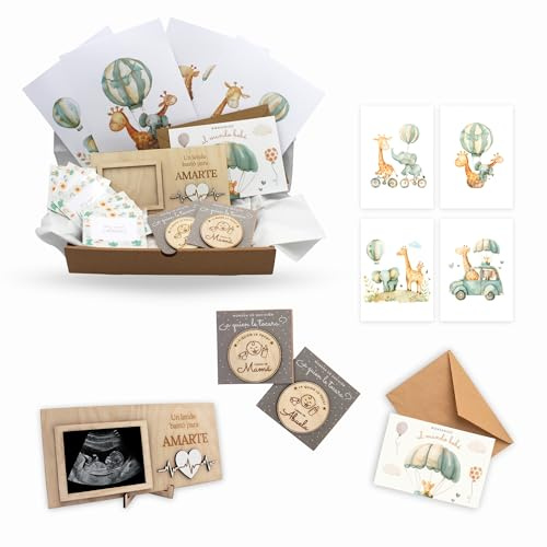 Ayurvana: Pack Regalo Nacimiento Bebé - Decoración, Recuerdos y Juego | Pack completo: set de láminas, marco para ecografía, tarjetas de hitos y monedas de decisión en madera. El regalo ideal.