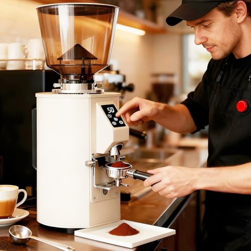 vnmudzeo Moulin à Café Quantitatif Professionnel, 9 RéGlages PréCis, Capacité De 450 G, Meules Plates en Acier Inoxydable De 64 Mm Beige