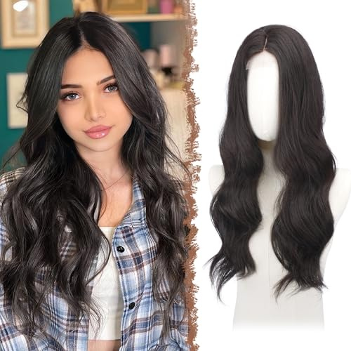 FESHFEN Perruques Ondulés Longues - Perruques Lace Frontal Femmes Fêtes Brun Foncé Perruque de Séparation Moyenne Cheveux Synthétiques Naturelle Ondulée Perruque, 60 cm