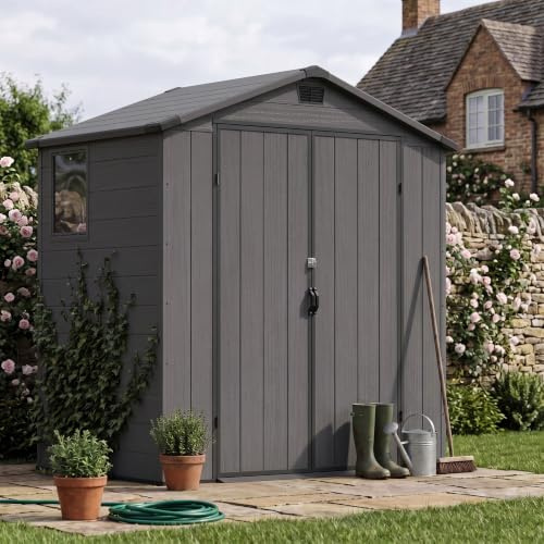 JUMMICO 6x4 ft Gartenhaus mit Bodenplatte, 4,7m³ Gerätehaus aus Kunststoff in Holzoptik, 185x121x210 cm, wetterfest & UV-beständig für Fahrrad, Gartengeräte, Rasenmäher, Dunkelgrau