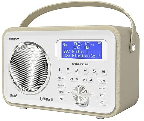 DAB/DAB+ & FM Portable Digital Radio | Leather Design | Bluetooth | Rechargeable Battery | Dual Alarms & Sleep Timer | Perfect for Home, Office or Outdoors | AZATOM Spitalfields 2 (White)