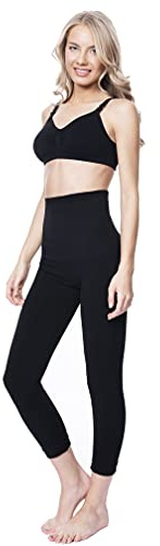 MOTHERS ESSENTIALS Postpartum High Waist Tummy Compression Control Slimming 3/4 Capri Leggings (Medium, Black)