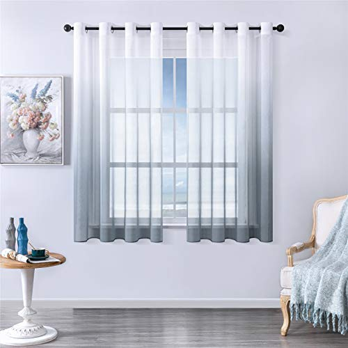 MRTREES Voile Gardinen Farbverlauf Leinenoptik Transparent Vorhang Kurz Tüllvorhang mit Ösen in Grau Weiß Verlauf 175×140cm (H×B) Modern für Dekoration Kinderzimmer Wohnzimmer Schlafzimmer 2er-Set
