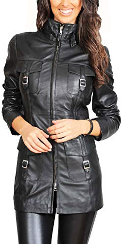 A1 FASHION GOODS Chaqueta de cuero negro de moda para mujer con cremallera suave y ajuste largo 3/4 - Isla, Negro, 38