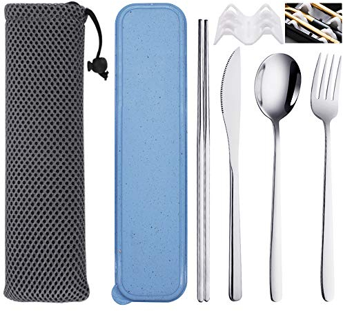 SITAKE 4 Pièces set Couverts Voyage en Acier Inoxydable, Couverts de Camping de Déjeuner Réutilisables avec Etui et Sac de Rangement- Baguettes, Couteau, Fourchette, Cuillère set pour Bureau (Argenté)