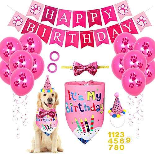 Geburtstag Sparty Bandana Mützen Set für Mädchen Hunde,zum 1.Geburtstag mit einer Zahl,Hunde-Fliege,Hund Happy Birthday Banner-Paw-Druck Ballon,tolles Hunde-Geburtstags-Outfit und Party-Dekoration