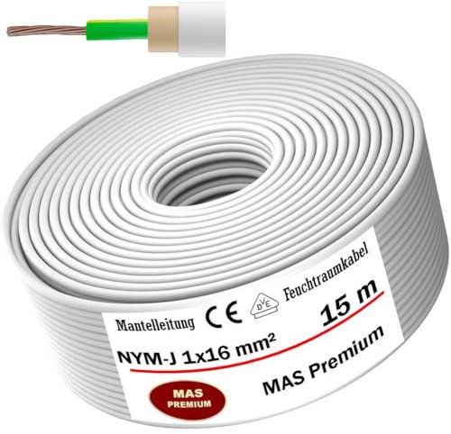 MAS Premium Cavo di alimentazione per ambienti umidi, NYM-J 1 x 1,5, 2,5, 4, 6, 10, 16 o 25, anello OFC per posa fissa (NYM-J 1 x 16 mm², 15 m)