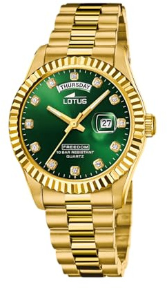 LOTUS Reloj Hombre Analógico de Acero Inoxidable 316l Dorado - Movimiento de Cuarzo - Calendario - Cristal Mineral de Alta Resistencia - Resistente al Agua 10 ATM 18857/6 Freedom