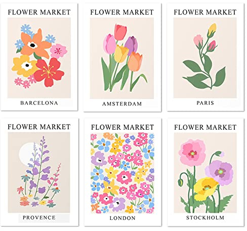 MOROBOR Blommarknad väggaffisch, set med 6 färgglada matisse blomma väggkonst utställning affisch estetisk abstrakt blommig väggkonst (oinramad, 20 x 25 cm)