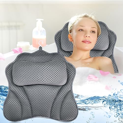 GUHAOOL Almohada de Baño, Almohada para Bañera, Malla 4D Cojín de Baño,Almohada de Baño con 6 Ventosas Antideslizantes, Puede Soportar La Cabeza, el Cuello,para SPA en Casa Bañera de Hidromasaje,Gris
