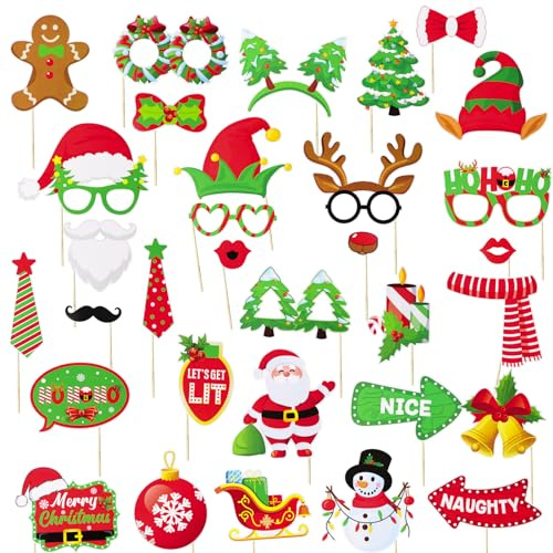 32 STK Party Fotoautomat Requisiten Weihnachten Foto Booth Props Photo Fotobox Accessoires mit Weihnachtsmann Weihnachtsgläser Schneemann für Geburtstag Neujahr Silvester Party Zubehör