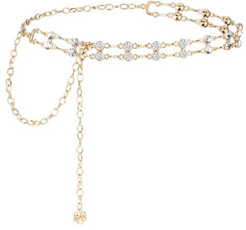 Amaxiu Cintura da donna a catena con strass, metallo fiore regolabile in cristallo sottile, Oro, taglia unica